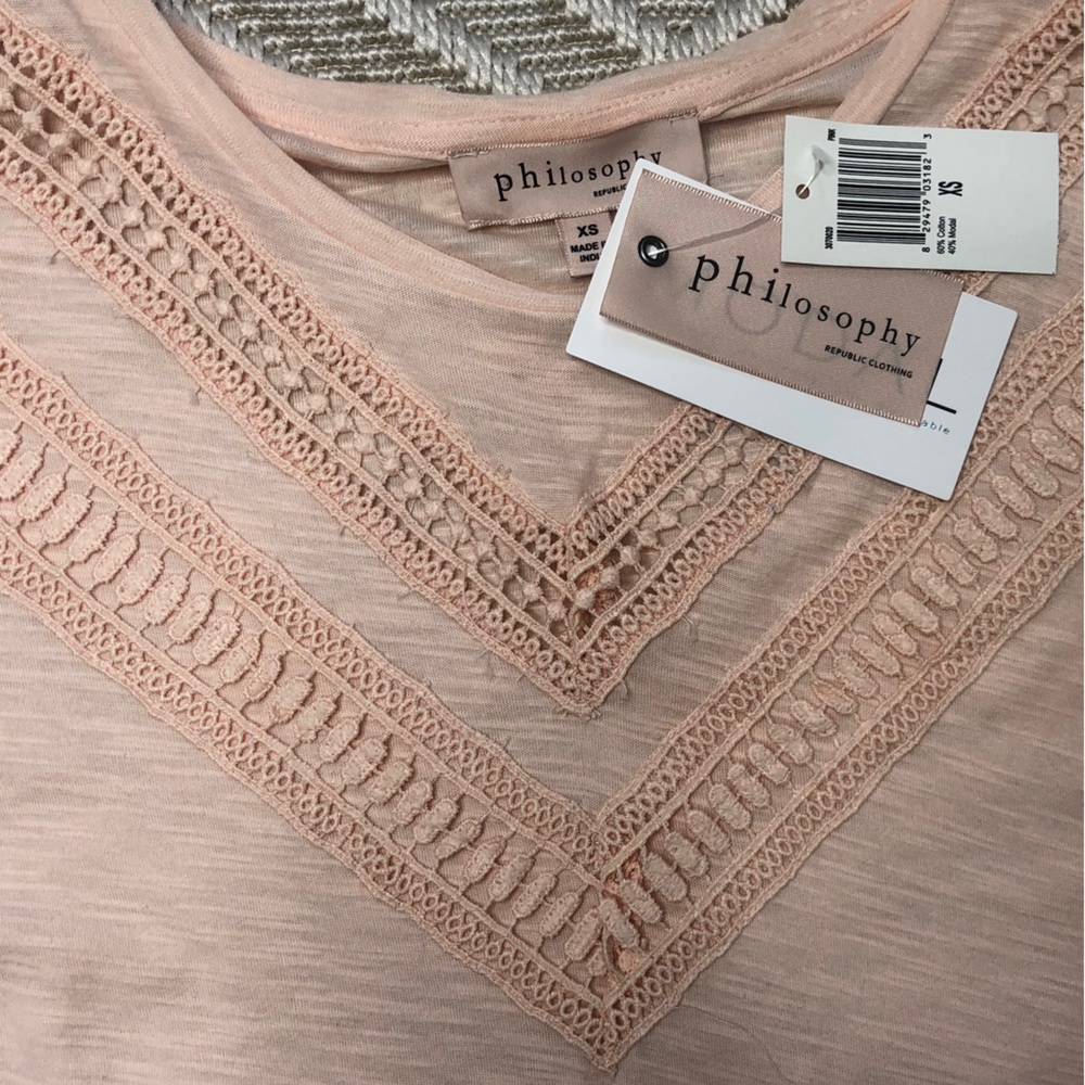 Philosophy Ruffle Short Sleeve Top Crochet Pale Pink Size XS - Picture 6 of 8